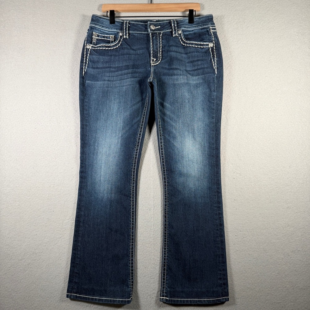 Miss Me Chloe Bootcut Jeans 32 Dark Wash Thick Stitch Rhinestone JS5014B58
